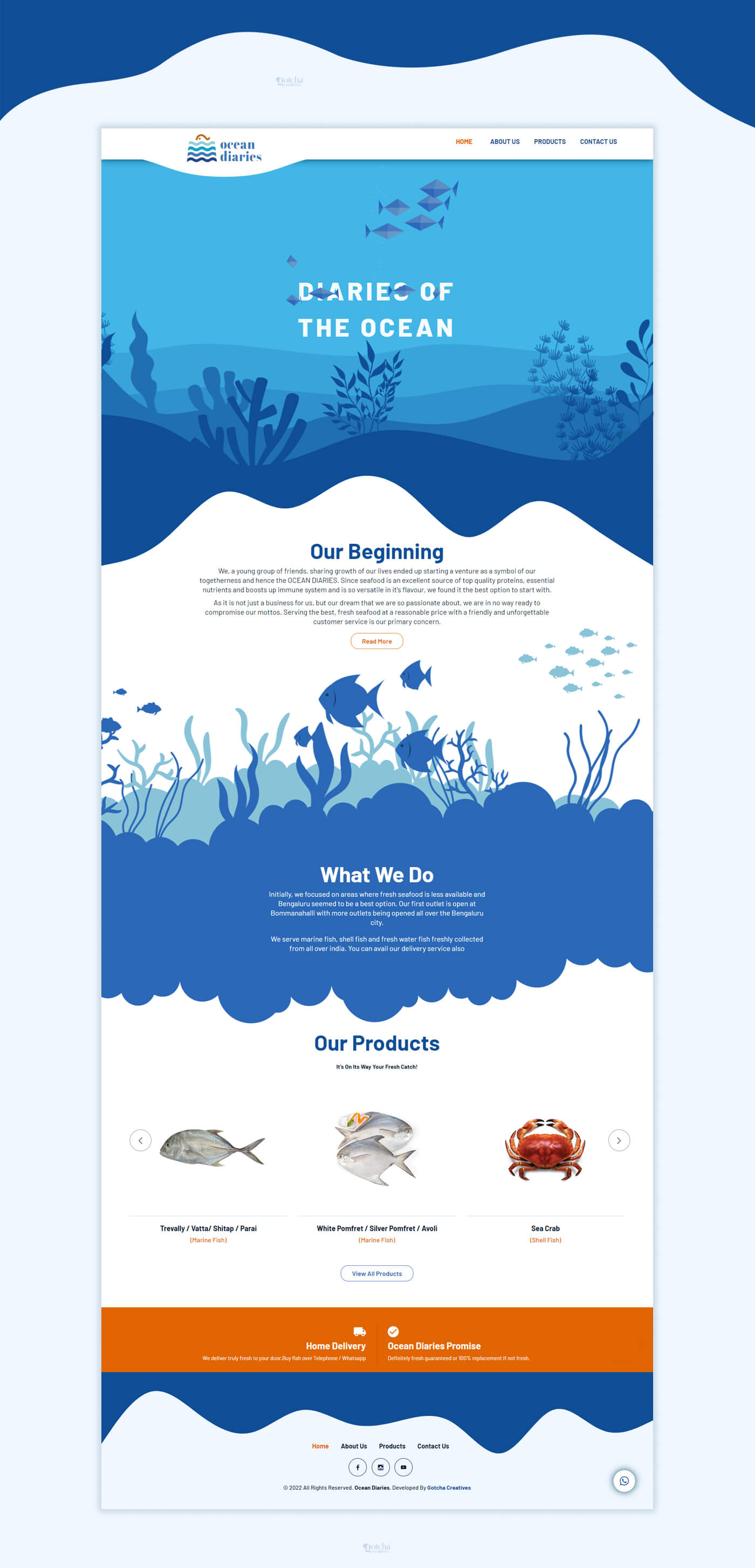 Responsive seafood product website for Kerala users featuring pomfret, trevally, and crab images