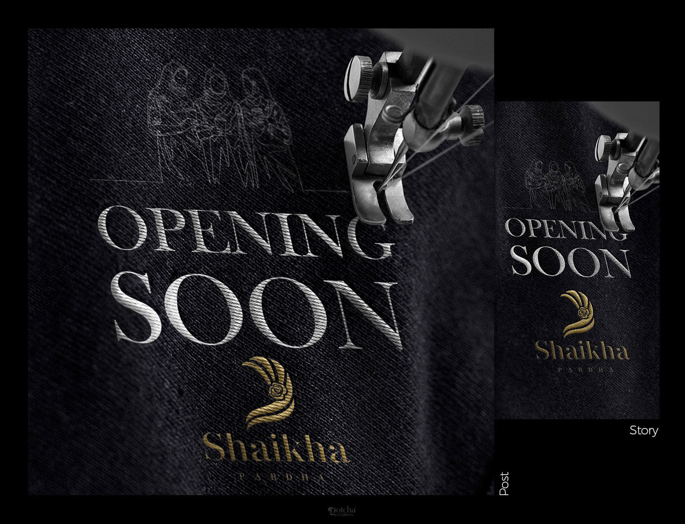 Indian women’s clothing brand launch design showing needle stitching opening soon message