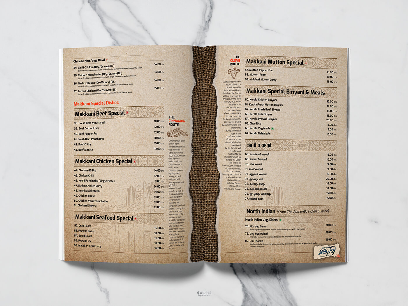 Kerala food brand menu design showcasing Indian, Chinese, and barbeque items