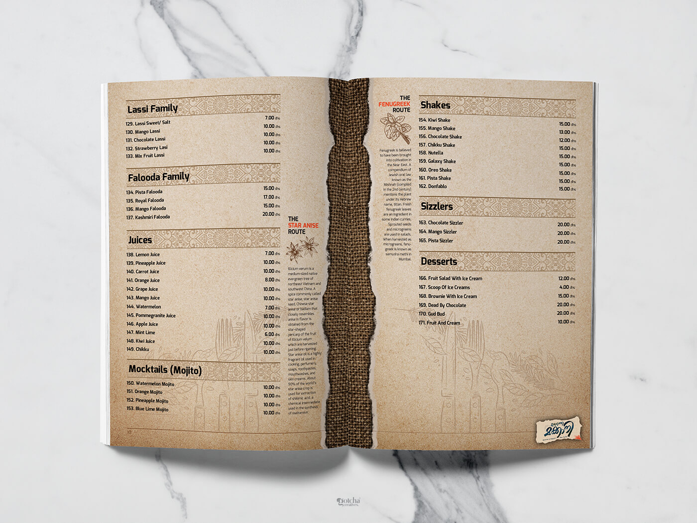 Traditional Indian restaurant menu featuring sepia photography and jute textures