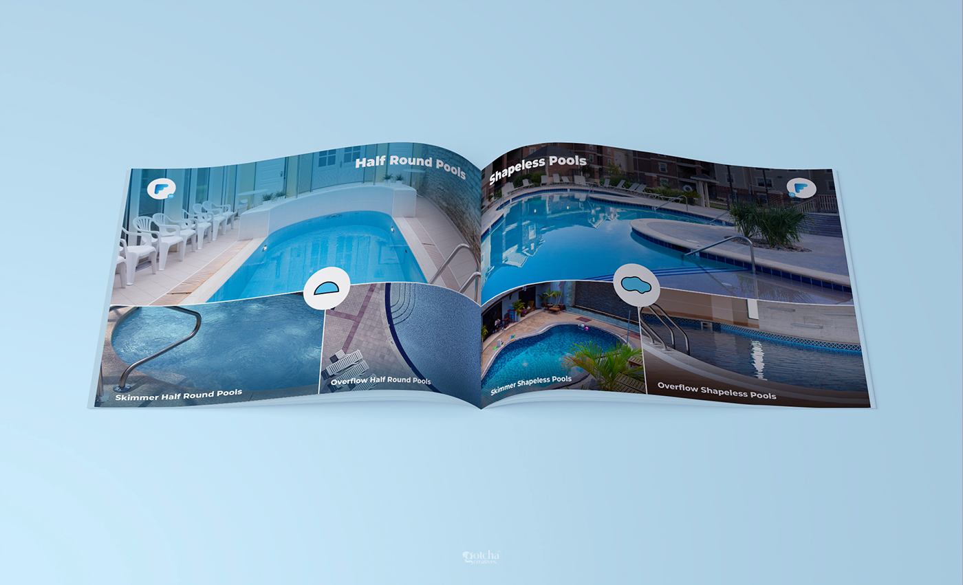 High end swimming pool marketing brochure with blue theme