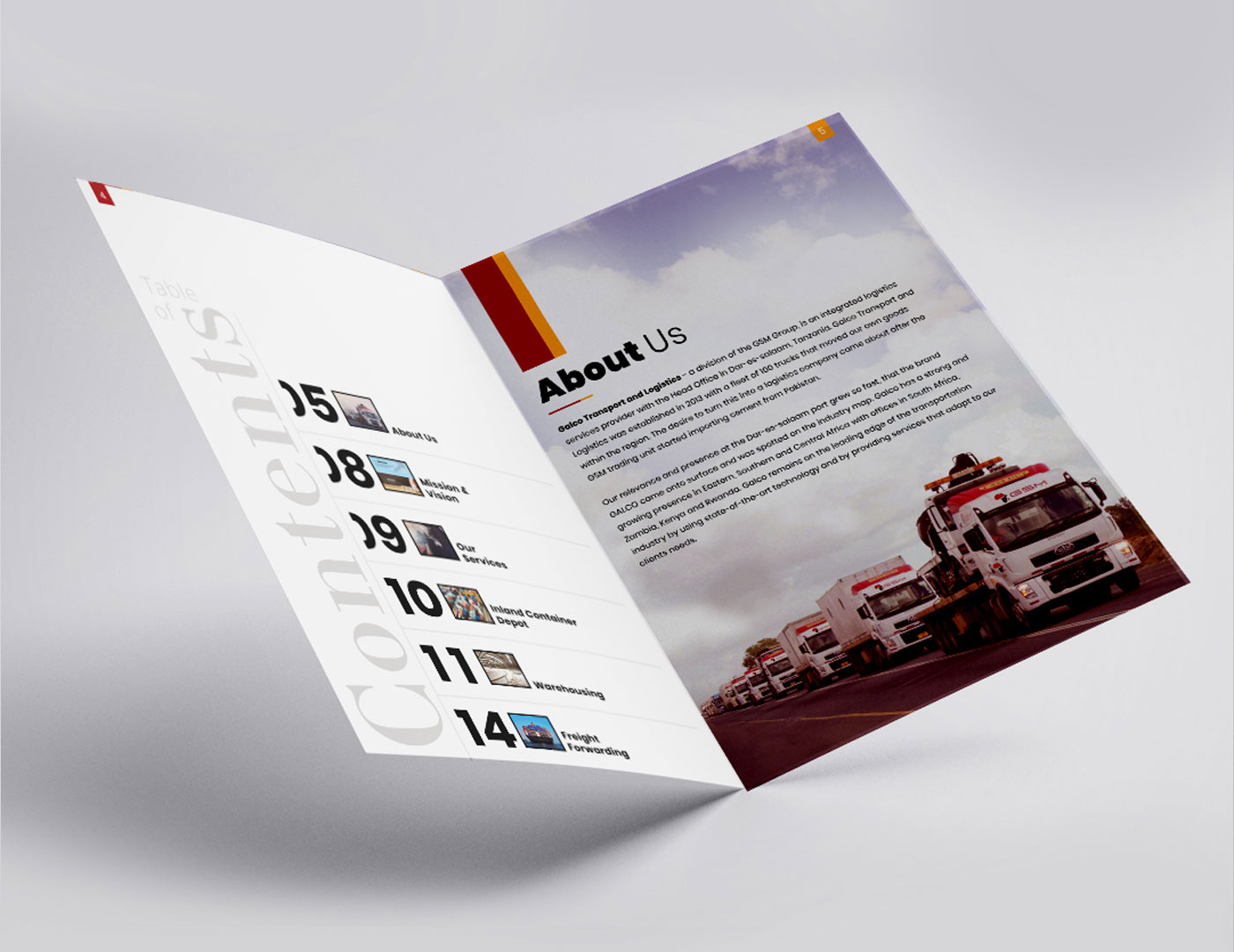 Modern freight forwarding brochure with industrial branding style