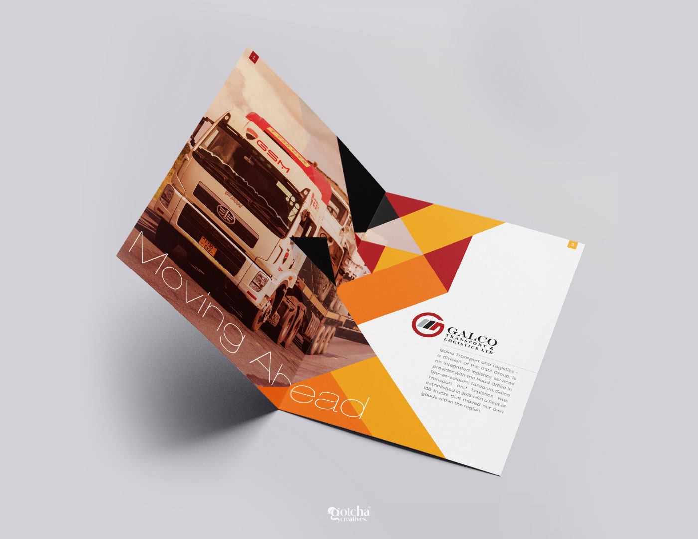 Logistics company profile brochure with cargo and shipping visuals