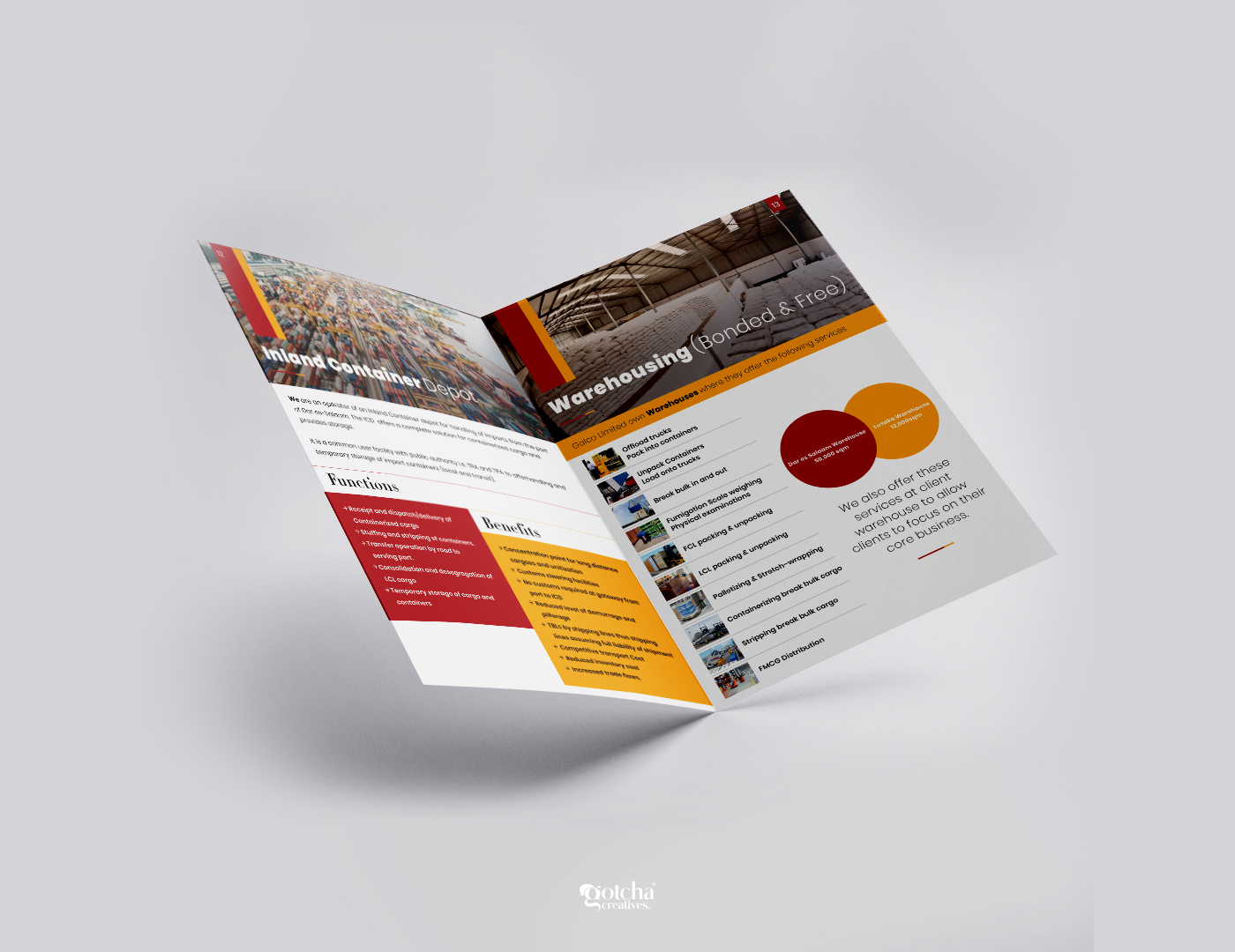 Business brochure design featuring trucks containers and cargo ships