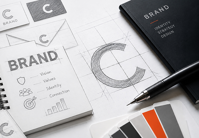 Professional corporate branding workspace with logo sketch, brand identity notebook, color palette samples, and creative branding design elements on a modern desk.