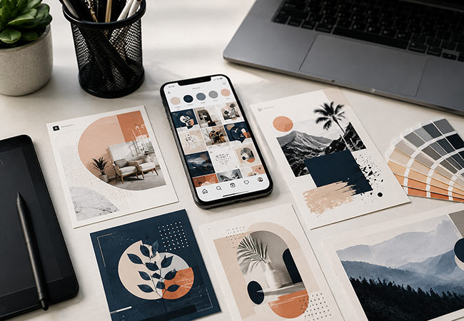 Creative social media design workspace with digital marketing posters, Instagram post layouts, branding elements, and modern promotional graphic design concepts.