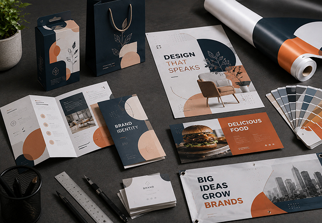 Professional printing design workspace with packaging mockups, flyer layouts, poster concepts, flex banner samples, and creative print branding materials.